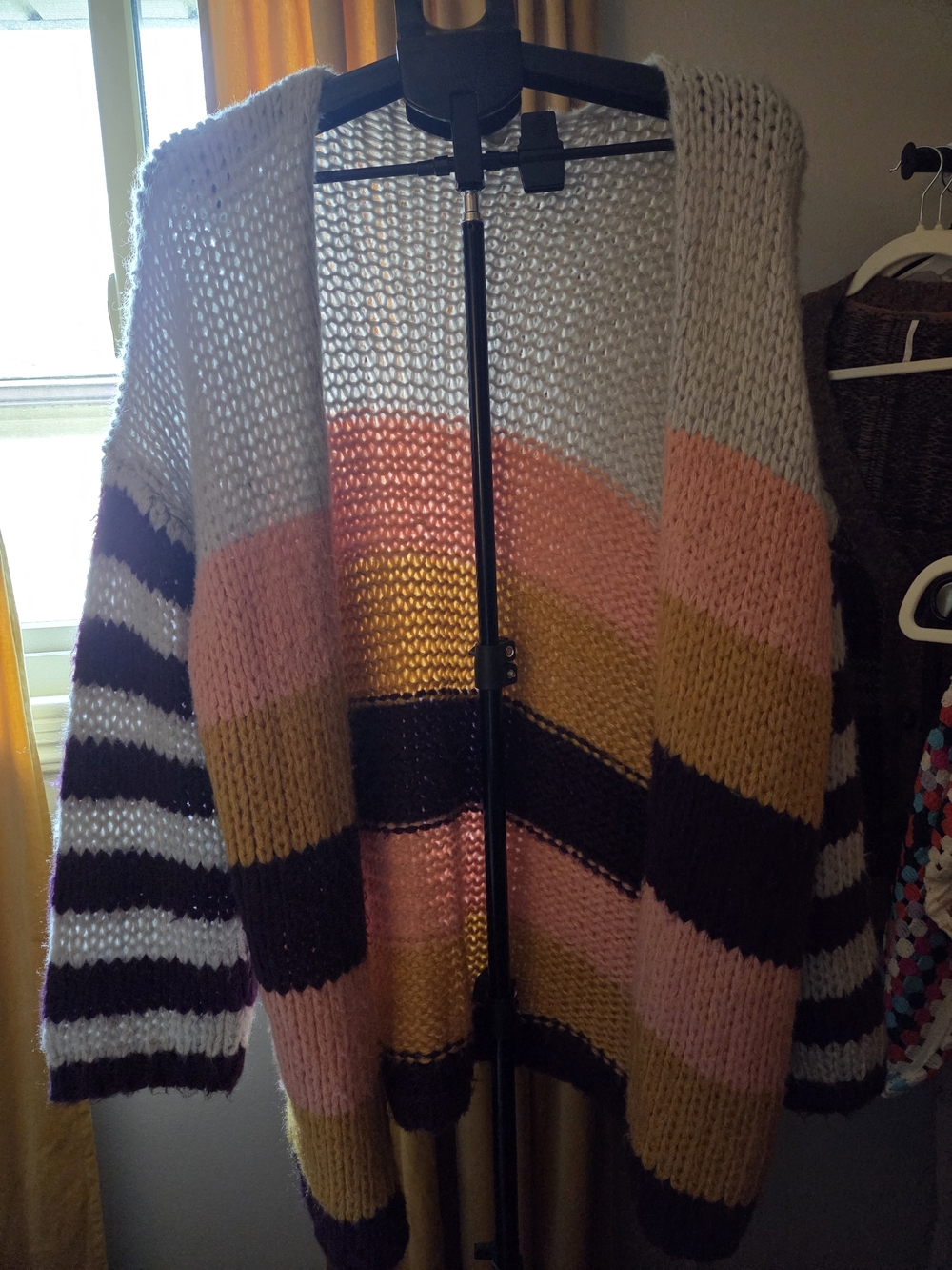 easel Chunky Stripe Open-Front Cardigan in Pink, Mustard, Gray & Black